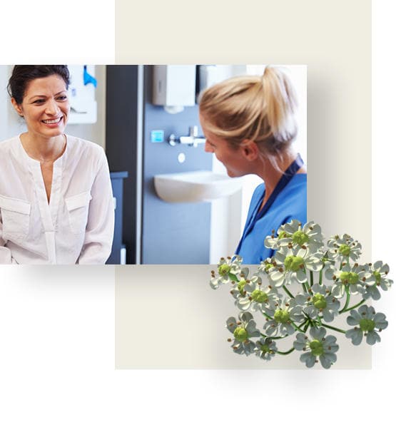 Female Physician, dressed in blue uniform is talking to her female patient.